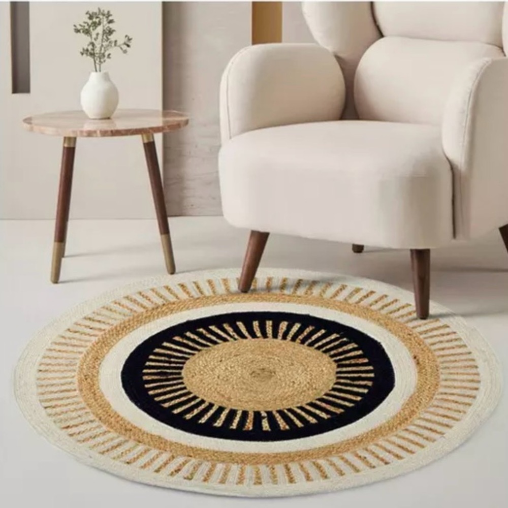 Round Bohemian Area Rug with Sunburst Design